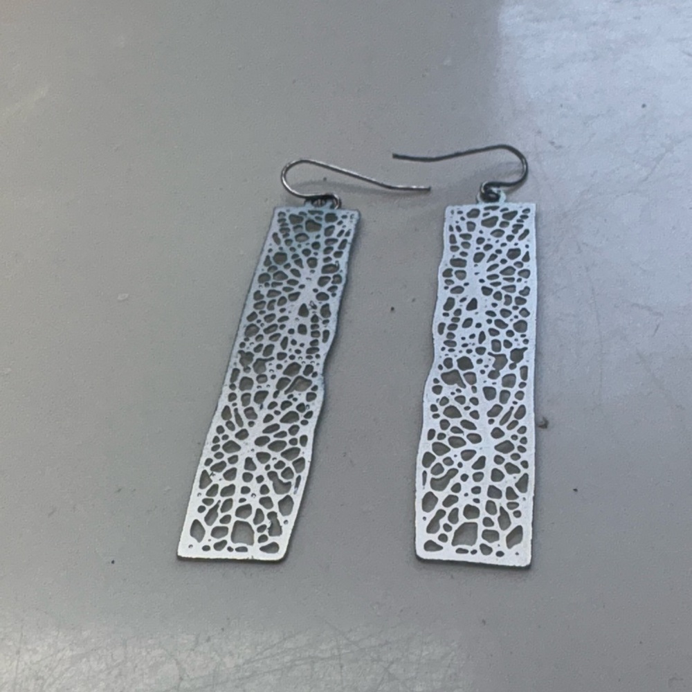 Long Silver Rectangle Filigree Drop Earrings Skel… - image 3